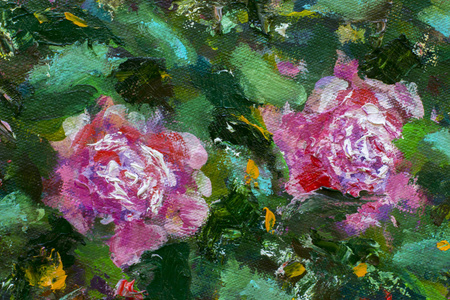 绘画的特写片断 花油画美丽的花束花的紫色牡丹 郁郁葱葱的红玫瑰 花园里的花朵 夏日花朵自然艺术作品印象派照片 正版商用图片0oakk3 摄图新视界