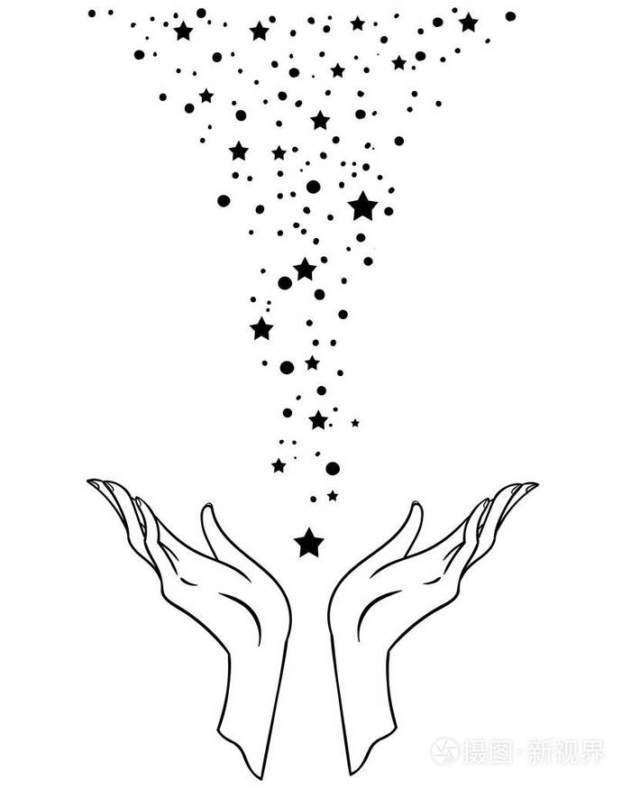 美丽的手绘手捧着星星在宇宙背景矢量插图被隔离纹身设计神秘的魔术