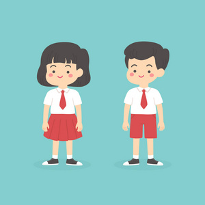 可爱的印度尼西亚小学男孩女孩穿着红色和白色制服卡通矢量插画照片