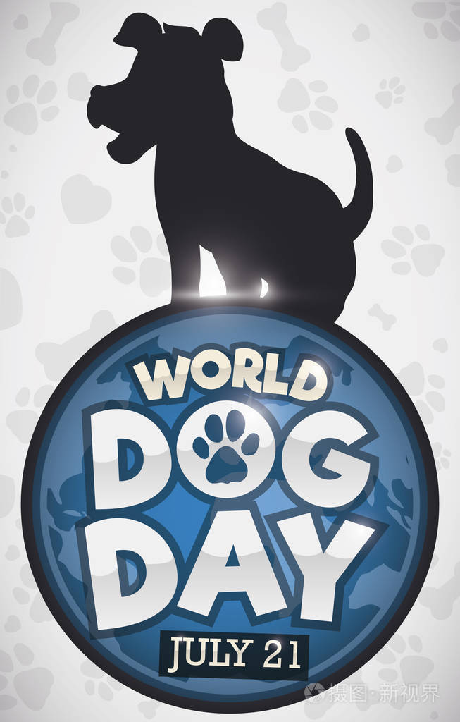 圆按钮与地球里面和狗剪影在顶部, 在白色背景与爪子印刷品样式为世界