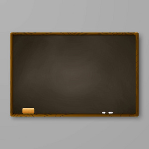 灰色墙上的棕色黑板。黑板上有粉笔和橡皮擦。矢量插图