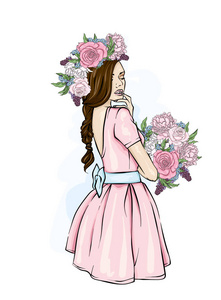 一个美丽的女孩穿着连衣裙和花环的玫瑰和牡丹。矢量插图。时尚, 风格, 服装和配件