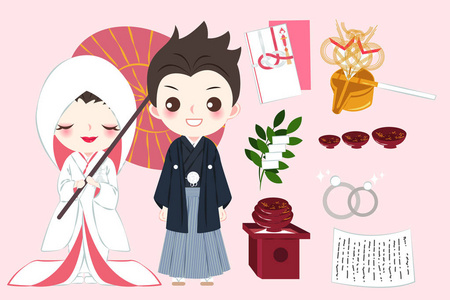 可爱的卡通日本婚礼情侣粉红色的背景