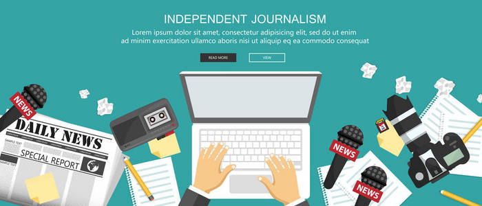 独立新闻事业平的横幅。书桌上记者的设备。平面矢量图
