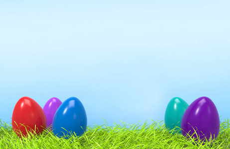 复活节五颜六色的鸡蛋上绿草和蓝色背景与空间的文本。3d 插图