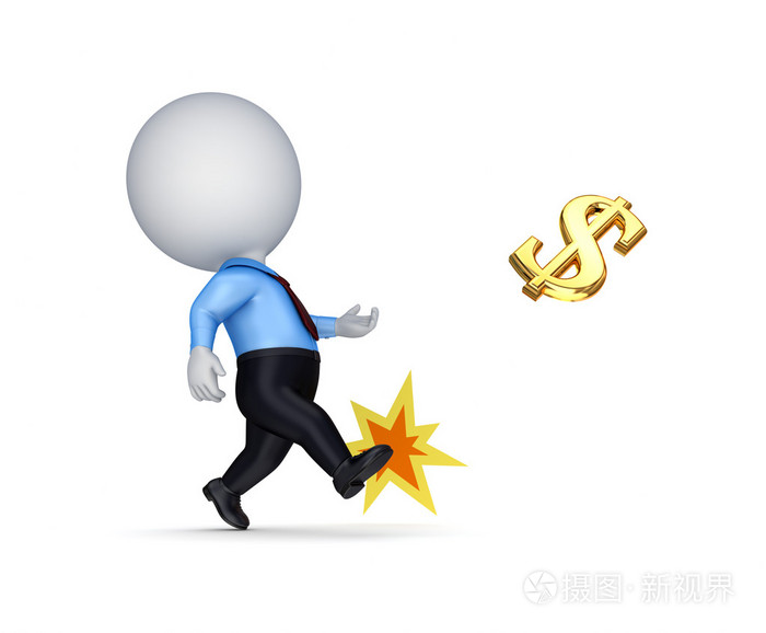 3d小人踢一个金色的美元符号