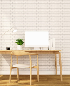 工作场所和轻型白色砖墙在公寓或家庭阳光天艺术作品的室内设计3d 渲染