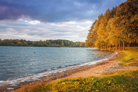 秋天的湖泊景观和五颜六色的树木在岸上在晚上。黄色和红色叶子在树在10月。秋天的风景。阳光下的彩色自然