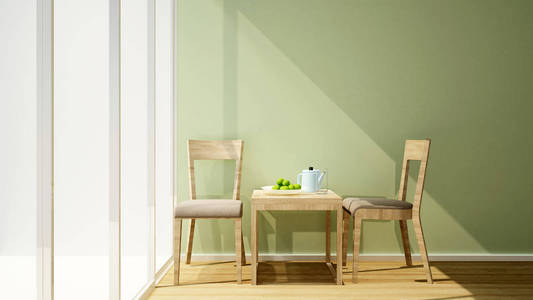 客厅或 wrokplace 绿色墙壁和阳台在阳光天为艺术品公寓或其他出租房间的室内设计3d 渲染