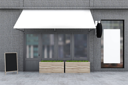 窗口中的空白海报.小企业概念3d 渲染模拟照片
