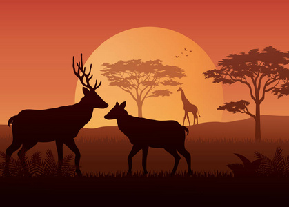 剪影鹿和鸟在日落的例证