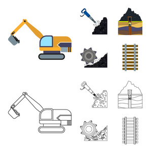 挖掘机隧道电梯采煤机等设备。矿山集合图标卡通, 轮廓风格矢量符号股票插画网站