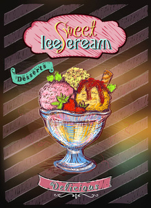 粉笔冰淇淋菜单设计, 手绘矢量插图