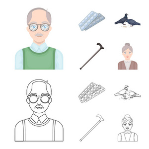 老人, 片剂, 鸽子, 拐杖。老年集图标卡通, 轮廓风格矢量符号股票插画网站