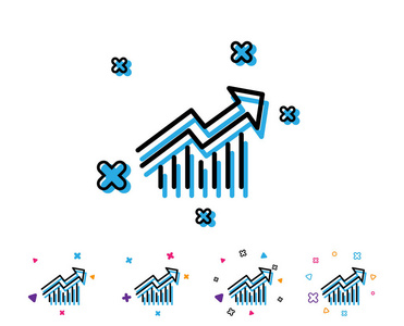 图表行图标。报表图表或销售增长标志。分析和统计数据符号。带有几何元素的线条图标。色彩鲜艳的设计。向量