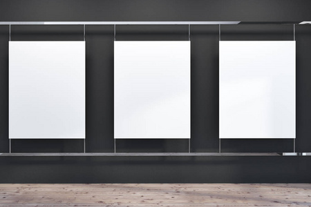 一排垂直的模拟横幅挂在一个空房间的黑墙上。广告的概念。3d 渲染