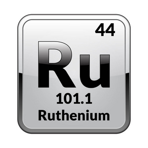钌符号.银框架中光滑白色背景上周期表的化学元素.矢量插图照片