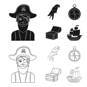 海盗, 强盗, 帽子, 绷带。海盗集合图标在黑色, 轮廓样式矢量符号股票插画网站