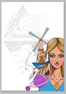 长方形背景与女性画像。女孩象征水瓶座星座。彩色插图与女性形象
