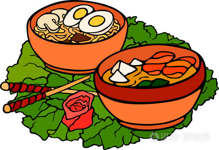 拉面和味噌汤在生菜叶上的食用静物