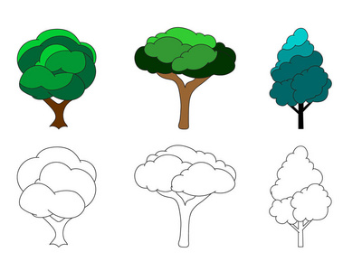 手绘的彩色树图标和轮廓树的集合。着色书籍, 装饰, 标志, 标志的元素