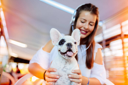 美丽的年轻女孩抱着可爱的白色法国斗牛犬小狗在她的膝上