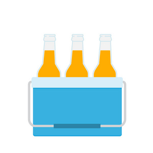冷藏袋, 蓝色。带啤酒瓶的冷藏袋。便携式冷却器图标。白色背景上的孤立向量图