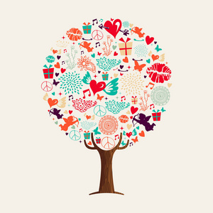 爱树与情人节节日图标集, 概念插图浪漫贺卡。包括心形符号, 丘比特天使和口红吻。Eps10 矢量
