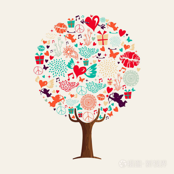 爱树与情人节节日图标集, 概念插图浪漫贺卡。包括心形符号, 丘比特天使和口红吻。Eps10 矢量