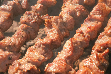 开胃多汁猪肉烧烤是烤在烧烤上的烤肉串。肉件特写