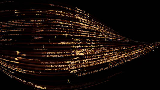 3d 在虚拟空间中呈现抽象代码。计算机代码以磁带的形式弯曲。