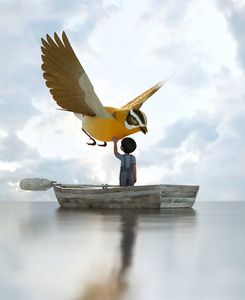 男孩站在一个古老的木划艇在海和触摸一只大鸟飞越 sky,3d 插图