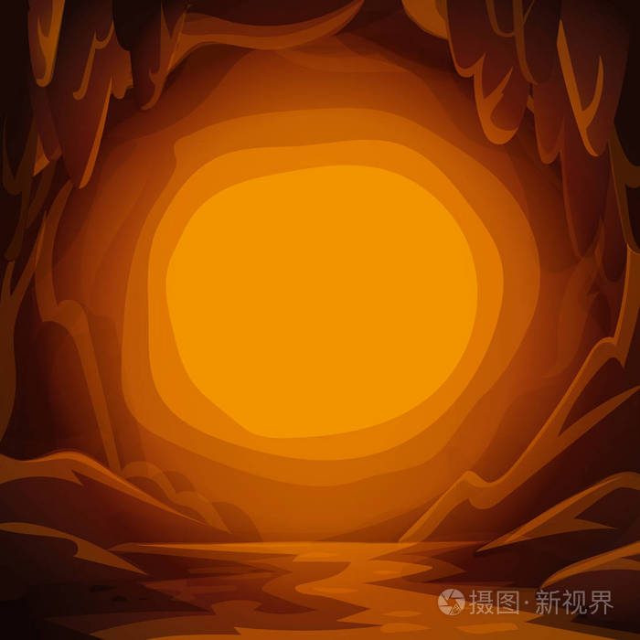梦幻般的洞穴背景.用钟乳石和聚光灯复制空间的卡通洞穴文本