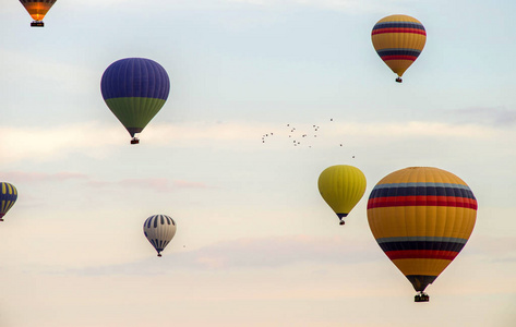 一群鸟儿在天空中飞舞着五颜六色的热气球