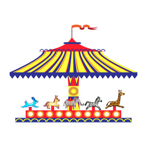动画片儿童乐趣五颜六色的旋转木马与马匹。在白色背景上玩传统旋转木马的孩子