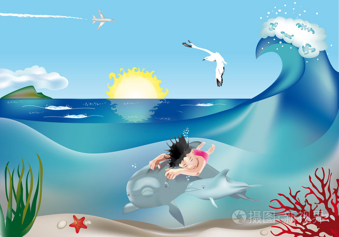 游泳儿童与海豚 2