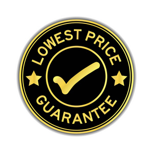 黑色和金色最低价格保证与标记图标圆形印章贴纸在白色背景上