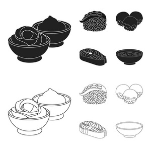 芥末酱姜, 鲑鱼牛排, 章鱼。寿司集图标黑色, 轮廓样式矢量符号股票插画网站
