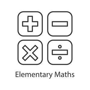 数学符号线性图标。细线插图。计算。初等数学。加, 减, 乘, 分。轮廓符号。矢量隔离轮廓图