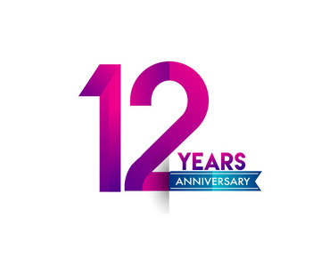12年纪念庆祝紫色标志与蓝色丝带。矢量设计模板