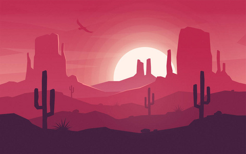 五颜六色的沙漠景观在炎热的日落