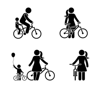 棍子图人和妇女自行车图标。骑自行车快乐的人