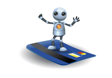 一个小机器人站在一个独立的白色背景信用卡上的例证