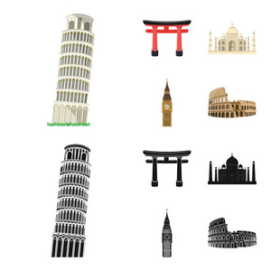 不同国家的景点卡通, 黑色图标在集合中进行设计。著名建筑矢量符号股票 web 插图
