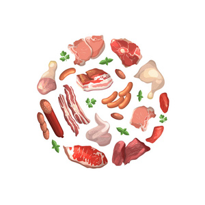 培根圈矢量卡通肉类元素聚集在圆圈插图中照片