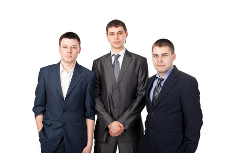 三名年轻商务男子站在孤立的白色背景