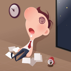 卡通商人疲惫的睡眠在办公室, 睡眠和加班工作概念, 向量和插图