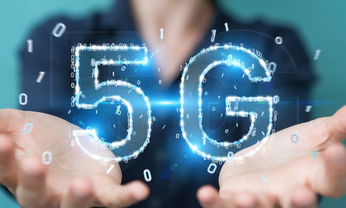 在模糊背景下的女实业家使用5g 网络数字全息图3d 渲染