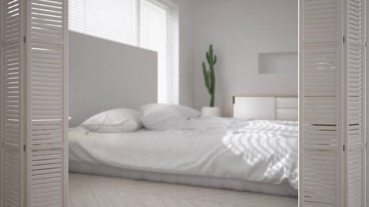 白色折叠门打开现代斯堪的纳维亚简约卧室, 白色室内设计, 建筑师设计理念, 模糊背景