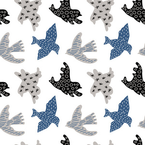 矢量无缝背景图案与斯堪的纳维亚鸟婴儿淋浴, 纺织品设计